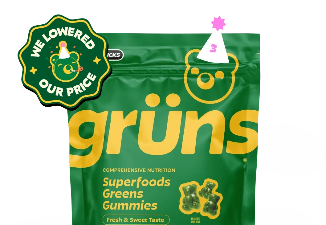 Grüns Superfoods Greens Gummies bag with birthday price badge