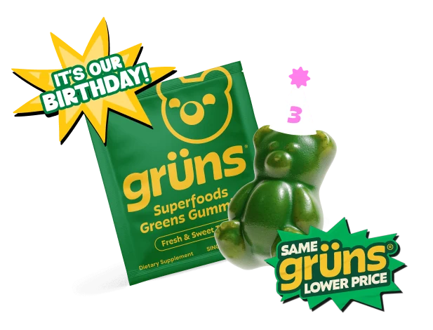 Grüns gummies pouch with a bear gummy, birthday badge and lower price badge